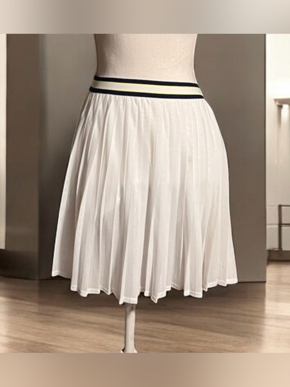Wilson White Pleated Skirt with Black and Yellow Striped Waistband